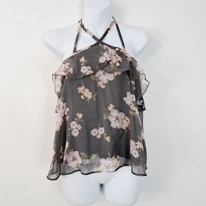 Hollister Gray Floral‎ Halter Flutter Ruffle Top